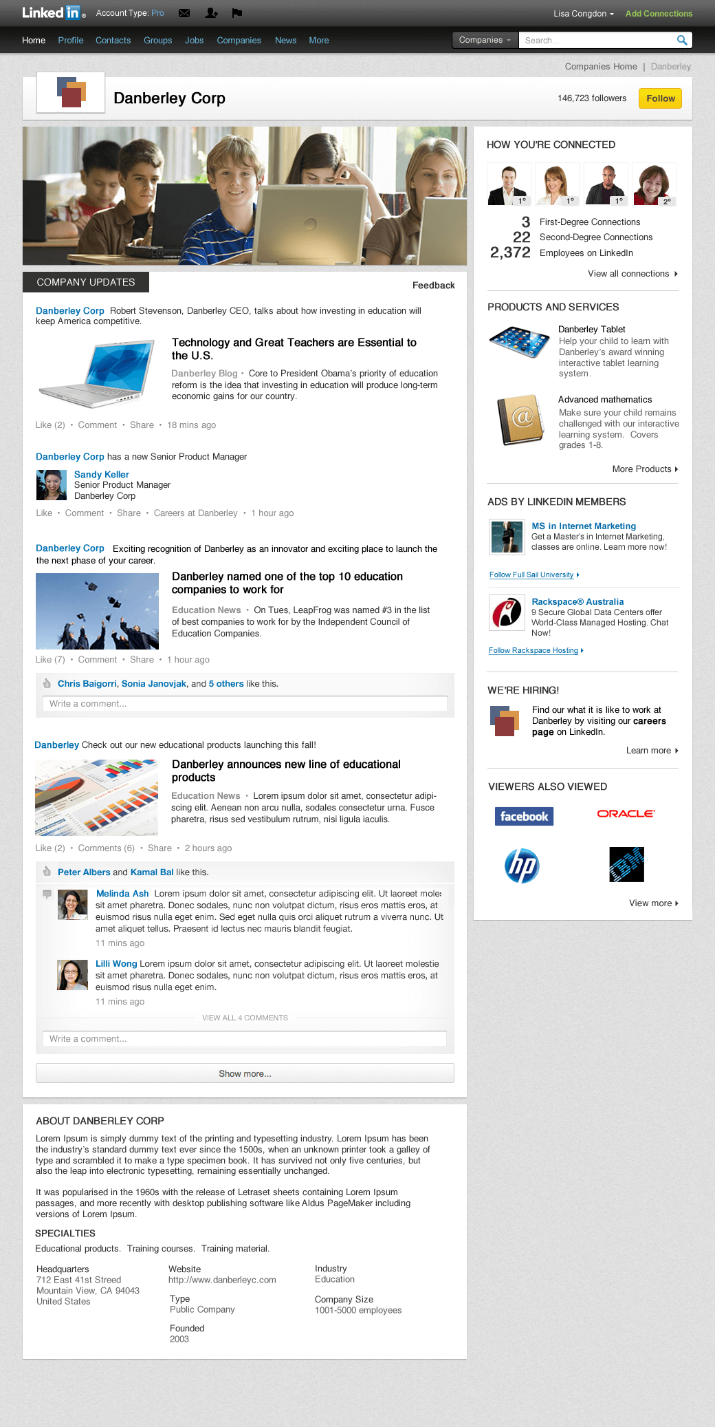 Example of the new design for LinkedIn Company Page